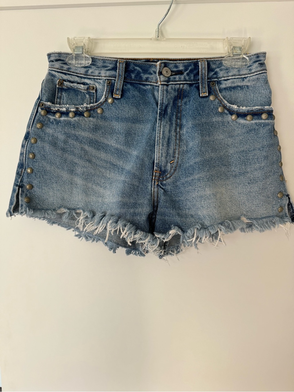 Studded Frayed Hem Denim Shorts - Abercrombie Annie High Rise